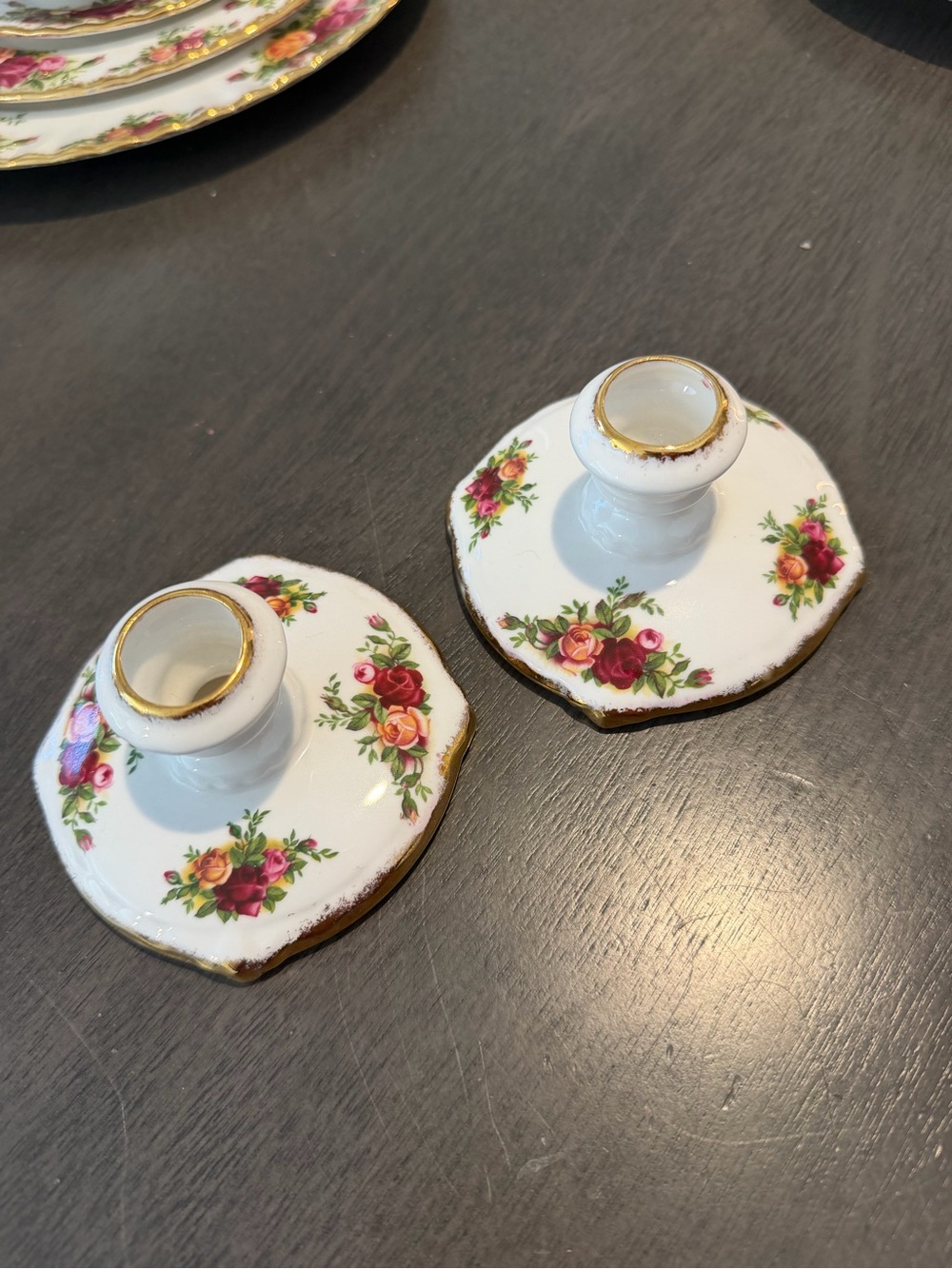 Set of Two Old Country Roses Bone China Candle Holders with Gold Trim